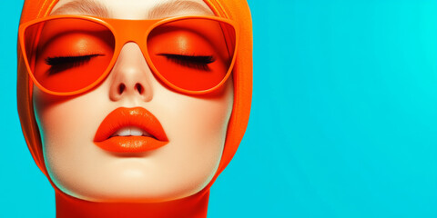 A model showcases vibrant orange fashion against a bright turquoise background in a stylish pose