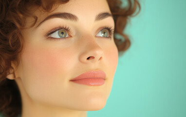 Naklejka premium Young woman with curly hair looking upward against a light turquoise background on a sunny day