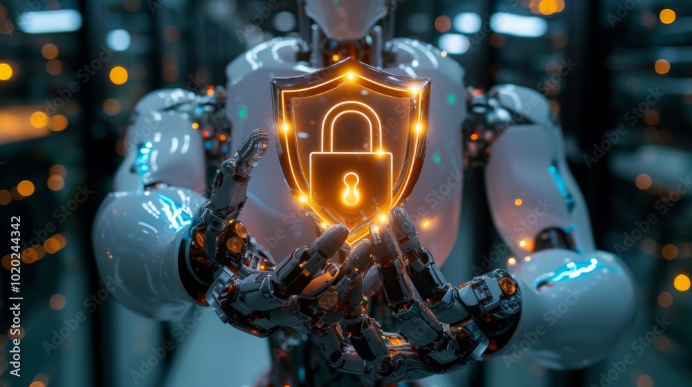 Poster A futuristic robot holding a glowing shield with a padlock symbol, emphasizing security and technology in a digital environment.