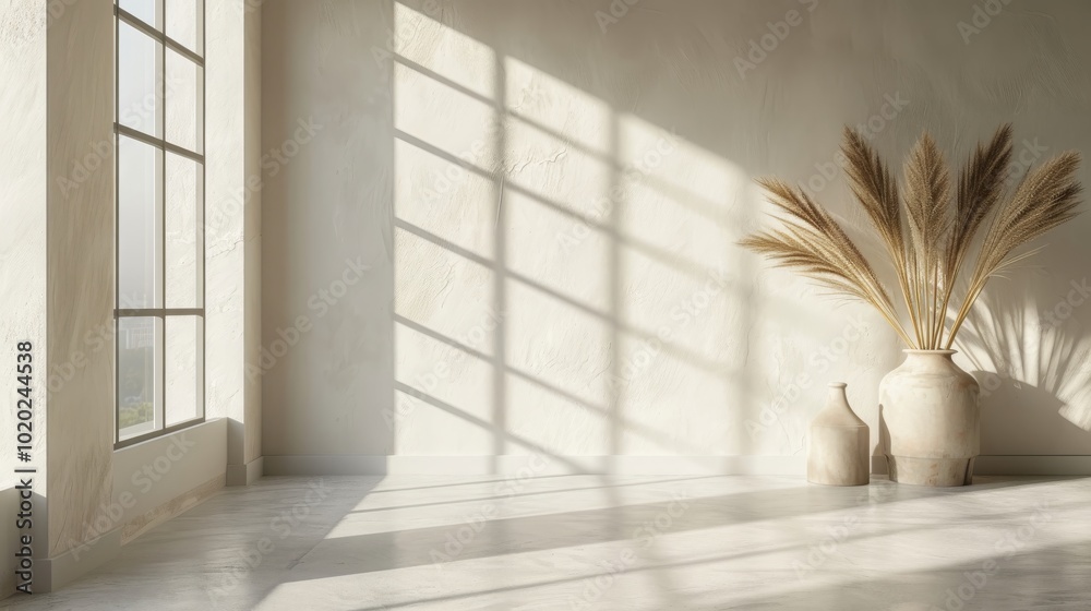 Aufkleber bright and airy room featuring soft natural light casting shadows across a minimalist space with dec