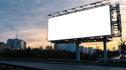 Obraz premium Sleek, modern billboard with a white screen, placed on a highway with ample copy space for promotional material.