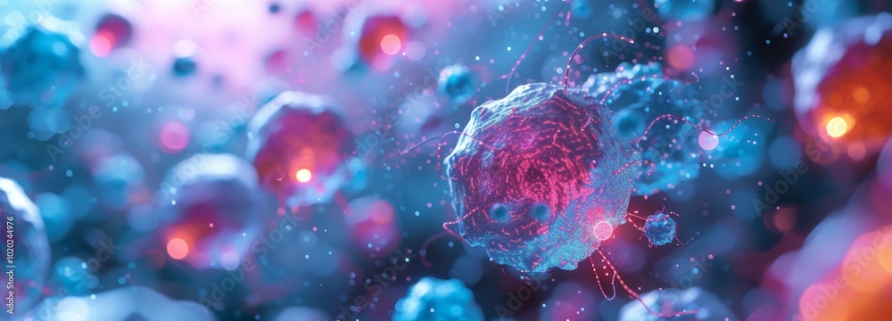 Aufkleber Dynamic close-up view of colorful cells in motion, showcasing vibrant hues and intricate details. Ideal for educational and scientific themes.