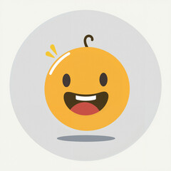 Fototapeta premium A simple, flat-style cartoon emoji depicting a yellow face with wide eyes, a big smile, and a small stem on top, conveying happiness and excitement, placed on a gray circle background.