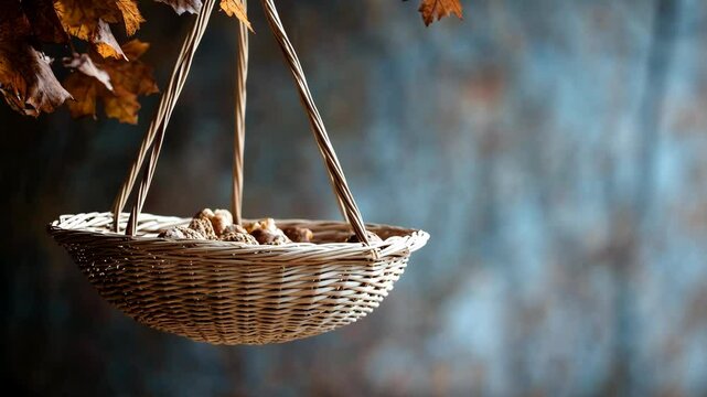 A wicker basket filled with acorns hangs from a tree branch, its contents ready for a squirrel or other woodland creature to enjoy