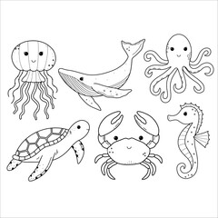 Set with sea animals. Underwater world. Hand drawn vector illustration