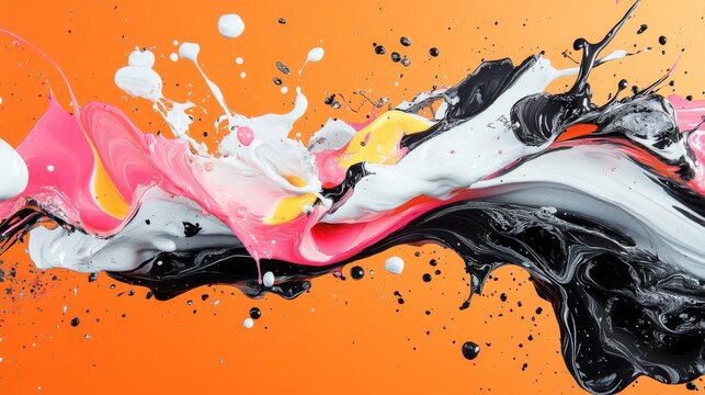 Abstract Swirling Multicolored Paint Splashes on Orange Background