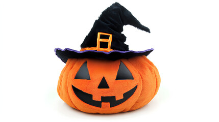 A plush pumpkin dressed up as a witch, with a black hat and a grinning face.