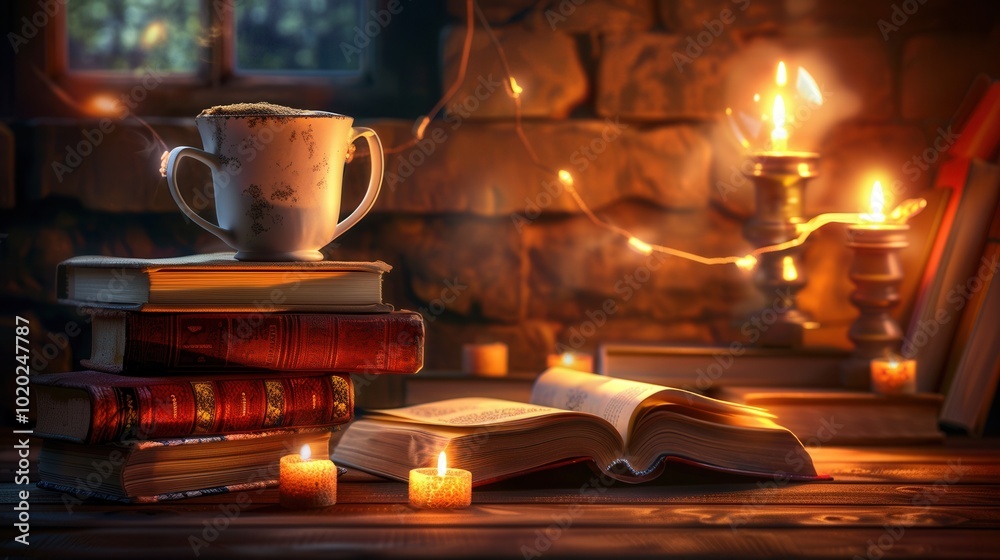 Leinwandbilder a stack of books rests on a wooden table beside a steaming cup of coffee and glowing candles, creati
