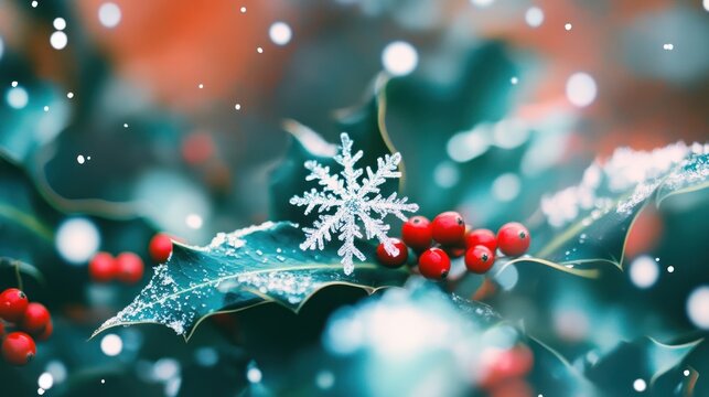 snowflakes resting on holly leaves with red berries, the bright colors slightly oversaturated with soft focus around the edges