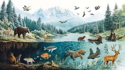 A vibrant depiction of wildlife above and below water, showcasing diverse ecosystems and species.