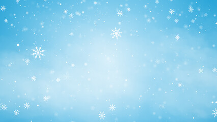 Fototapeta premium snow flakes fall on blue sky background,white snow flakes flying ,happy new year and merry Christmas holiday design element ,winter snowy sky