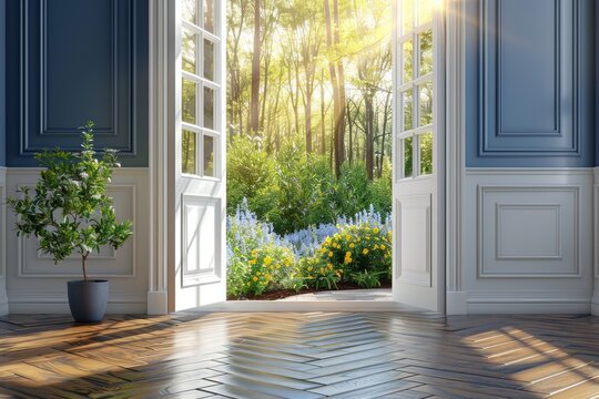 Illuminated open doorway in a blue hued empty interior creating a sense of mystery and calm