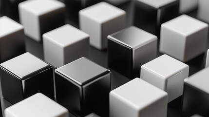 Abstract arrangement of black and white cubes forming a geometric pattern on a smooth surface