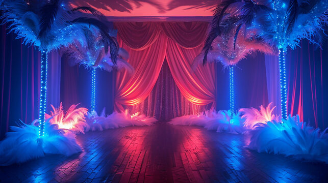 Elegant draped stage with neon lights and feather burlesque decorations