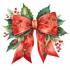 Watercolor painting of a red bow with holly, poinsettia and green foliage isolated on a white background.