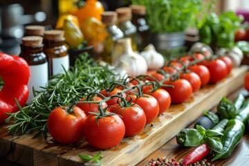 Bright kitchen tabletop featuring supplements for healthy eating with space for your text ideas