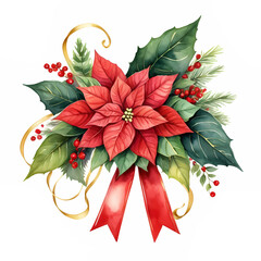 Watercolor painting of a red bow with holly, poinsettia and green foliage isolated on a white background.