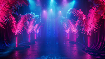 Neon-lit tropical burlesque stage with glowing palm trees and vibrant spotlights