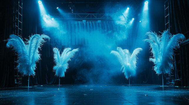 Theatrical burlesque stage with feather decorations and blue spotlight