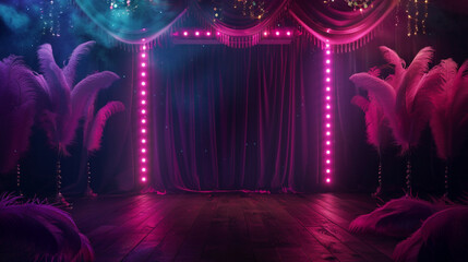 Elegant stage with pink curtains, feather decor, and moody lighting