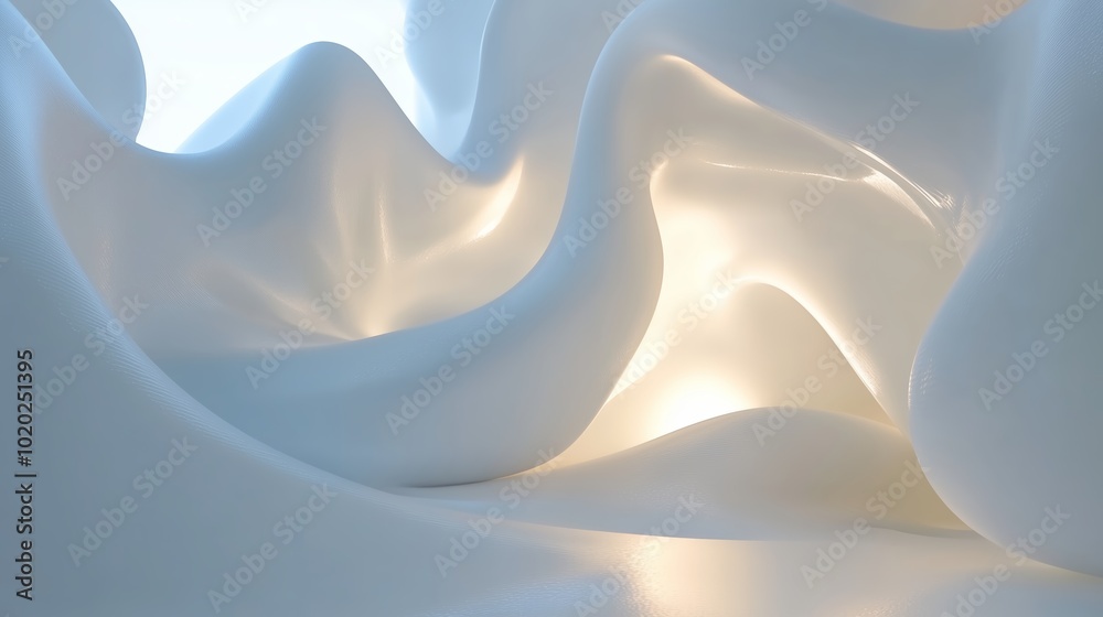 Poster soft white abstract shapes illuminated with gentle light creating a calming atmosphere in a serene s