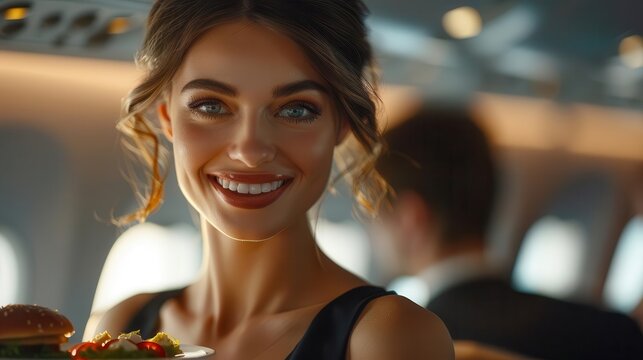 Realistic flight attendant assisting a passenger with a special meal request high-definition clarity