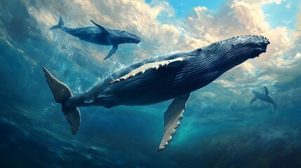 Obraz premium Two humpback whales swimming gracefully in a vibrant underwater scene.