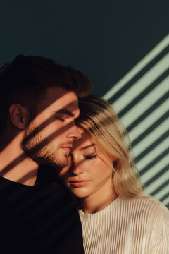 Close up of couple holding on each other in the room with sun reflectio trought window. .