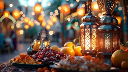 table with arabic lanterns dates oranges and delicious arabic food for Ramadan and Eid atmosphere