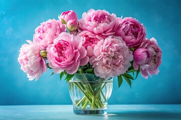 Fototapeta premium Bouquet of large peony flowers in crystal vase on blue background, selective focus