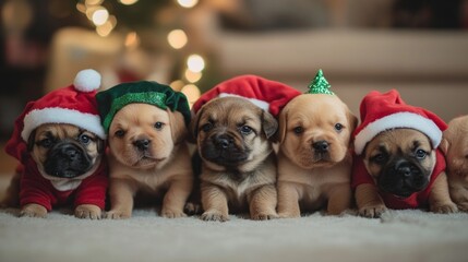 Adorable group of playful puppies dressed in festive christmas costumes, spreading holiday cheer and joy, perfect for seasonal greetings, christmas cards, and pet-themed celebrations