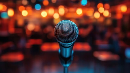 Microphone stand placed on a stage waiting for performance to begin evoking anticipation and excitement of open mic events