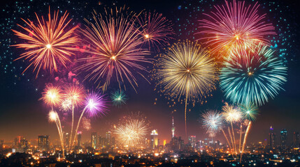 Spectacular fireworks display over city skyline celebrating New Year's Eve night