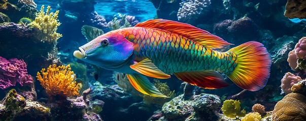 A vibrant parrotfish with its bright colors