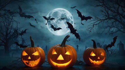 Fototapeta premium Bright and scary Halloween themed images for design purposes. Includes the following elements: Pumpkin: Jack-o-lantern with different facial expressions, glowing from within. Ghost: Translucent ghost 