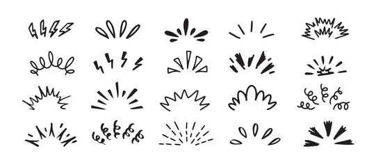 Pop shine line Doodle set. Sunburst drawing hand drawn elements