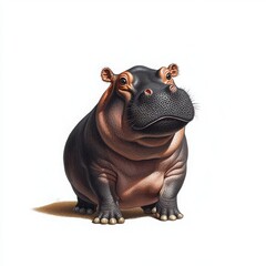 A realistic illustration of a hippo sitting with a charming expression, white isolate background.