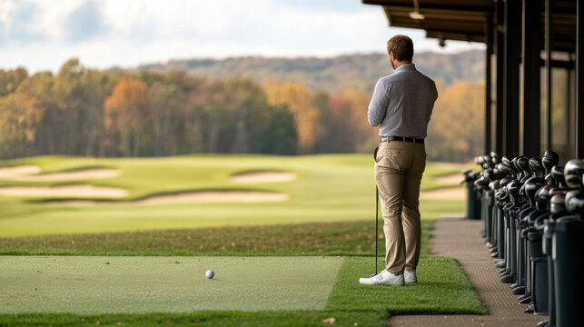 man practicing his golf swing at driving range, surrounded by scenic landscape of rolling hills and autumn foliage. atmosphere is calm and focused, perfect for honing skills