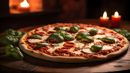 Delicious Pepperoni Pizza with Mozzarella and Basil on Rustic Table in Cozy Trattoria Setting - Generated by AI
