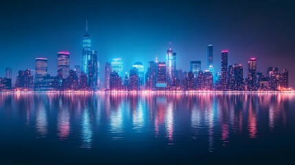 Fototapeta premium A vibrant cityscape with skyscrapers illuminated at night, reflecting on the water.