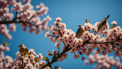 Flock of Birds Perched on Cherry Blossom Tree Branches on a Bright Spring Morning Against a Vibrant Blue Sky - Generated by AI