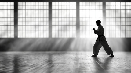 Fototapeta premium person practicing martial arts in dojo, showcasing strength and focus in serene environment. light streaming through windows adds dramatic effect to scene