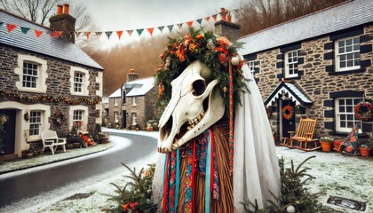 Mari Lwyd tradition in Wales, featuring a decorated horse's skull and festive surroundings in a Welsh village.
