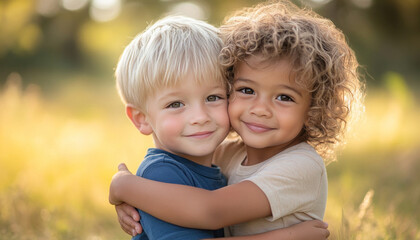 Two young children are hugging each other in a field, smiling