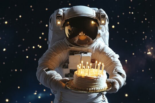 An astronaut floating in space, holding a cake with glowing candles, stars twinkling in the background