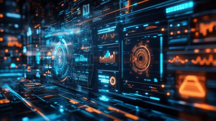 Fototapeta premium Futuristic Digital Interface with Glowing Blue and Orange Displays