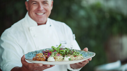Chef holding a plate of beautifully arranged gourmet food, with a satisfied smile, symbolizing high food expectations and culinary excellence.