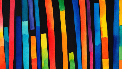 Bright multicolored watercolor stripes on black background, abstract pattern