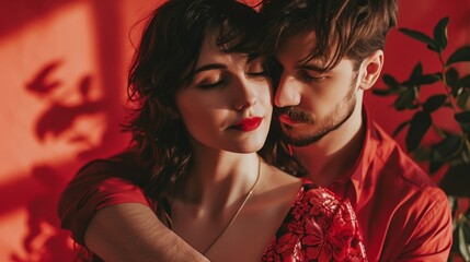 Intimate Embrace: Romantic Couple in Warm Red Light, Perfect for Valentine's Day Themes