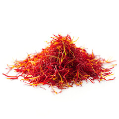 Naklejka premium Dried saffron threads. Bunch of saffron stamens on white background. Spices. Saffron stigmas heap. High resolution photo
